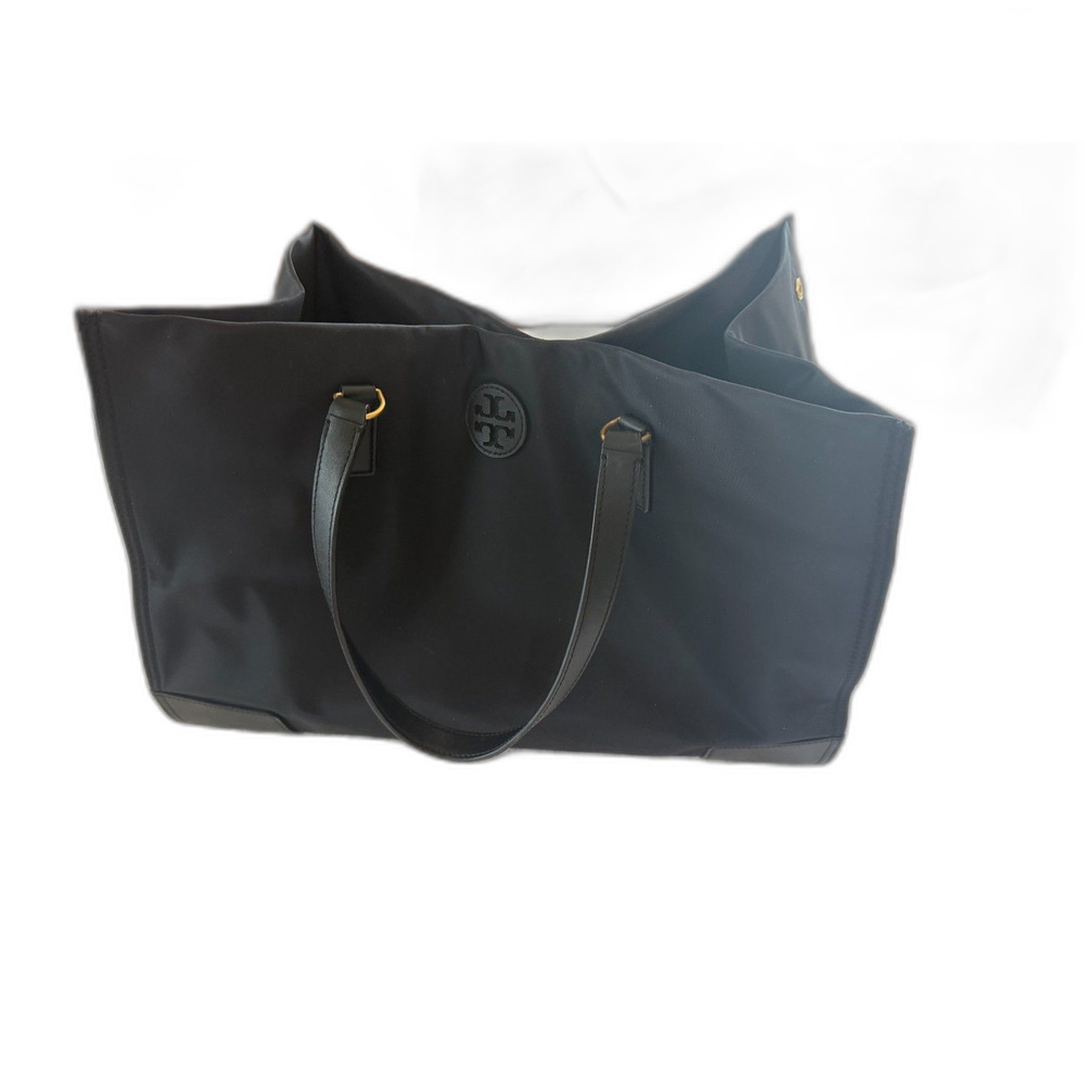 Tory Burch Black Nylon Leather Tote Bag Gold Hardware Excellent Condition